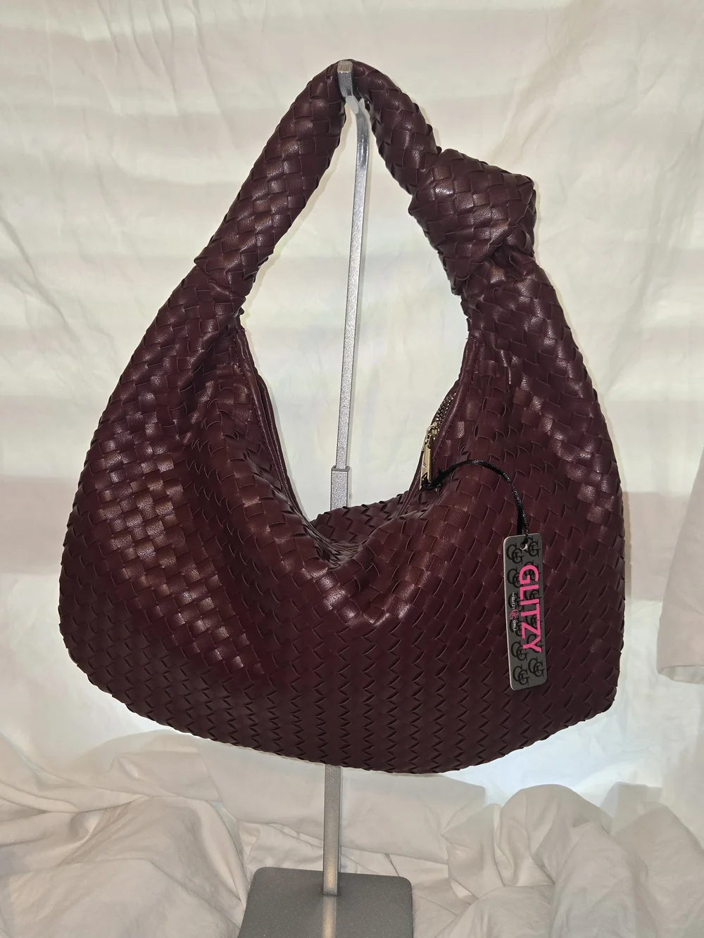 Glitzy Girl Woven Hobo Bag in Deep Plum - Stylish Everyday Shoulder Bag